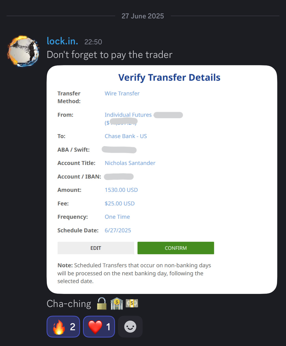 Member wire transfer payout of 1,530 USD