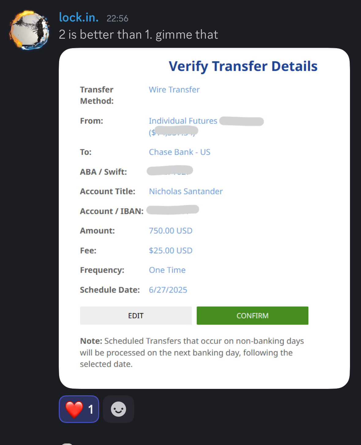 Member second wire transfer payout of 750 USD