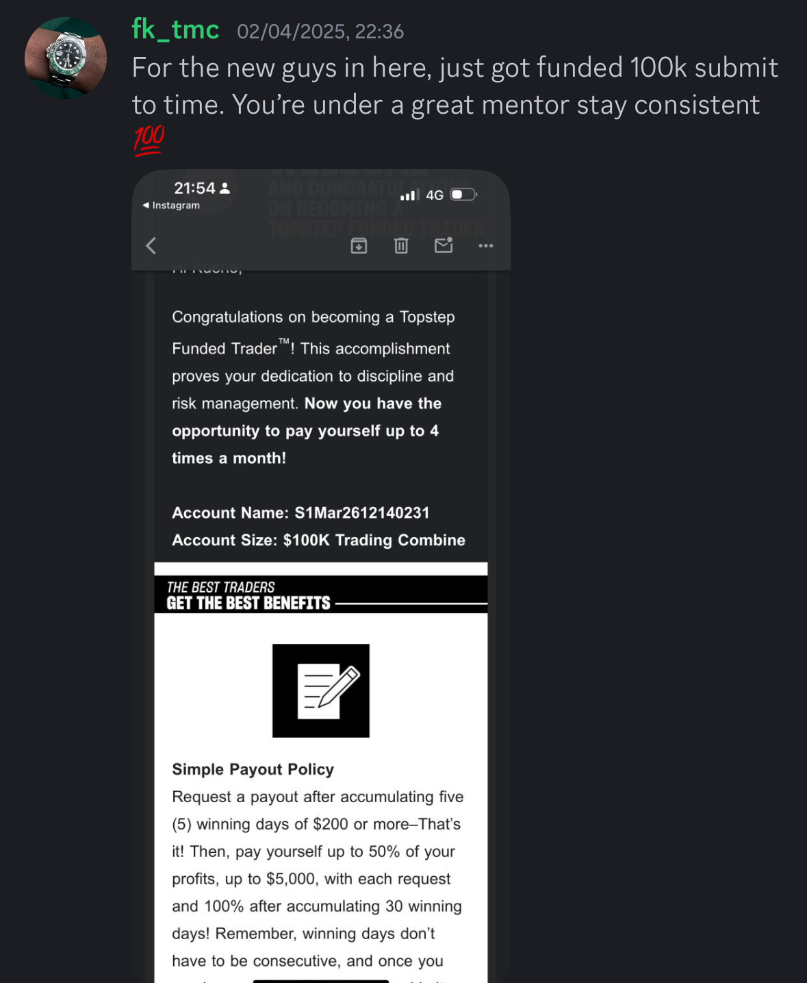 Member getting funded on a 100k account