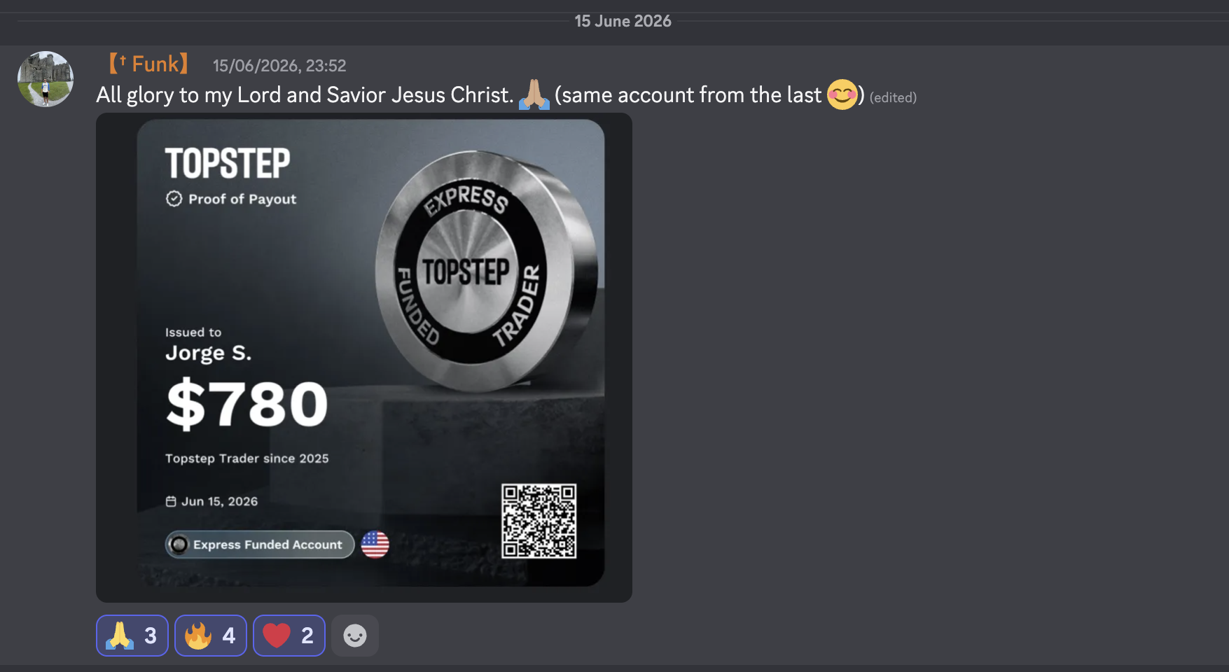 Member TopStep proof of payout certificate for 780 USD