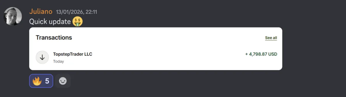 Member receiving a 4,798 USD payout from TopstepTrader