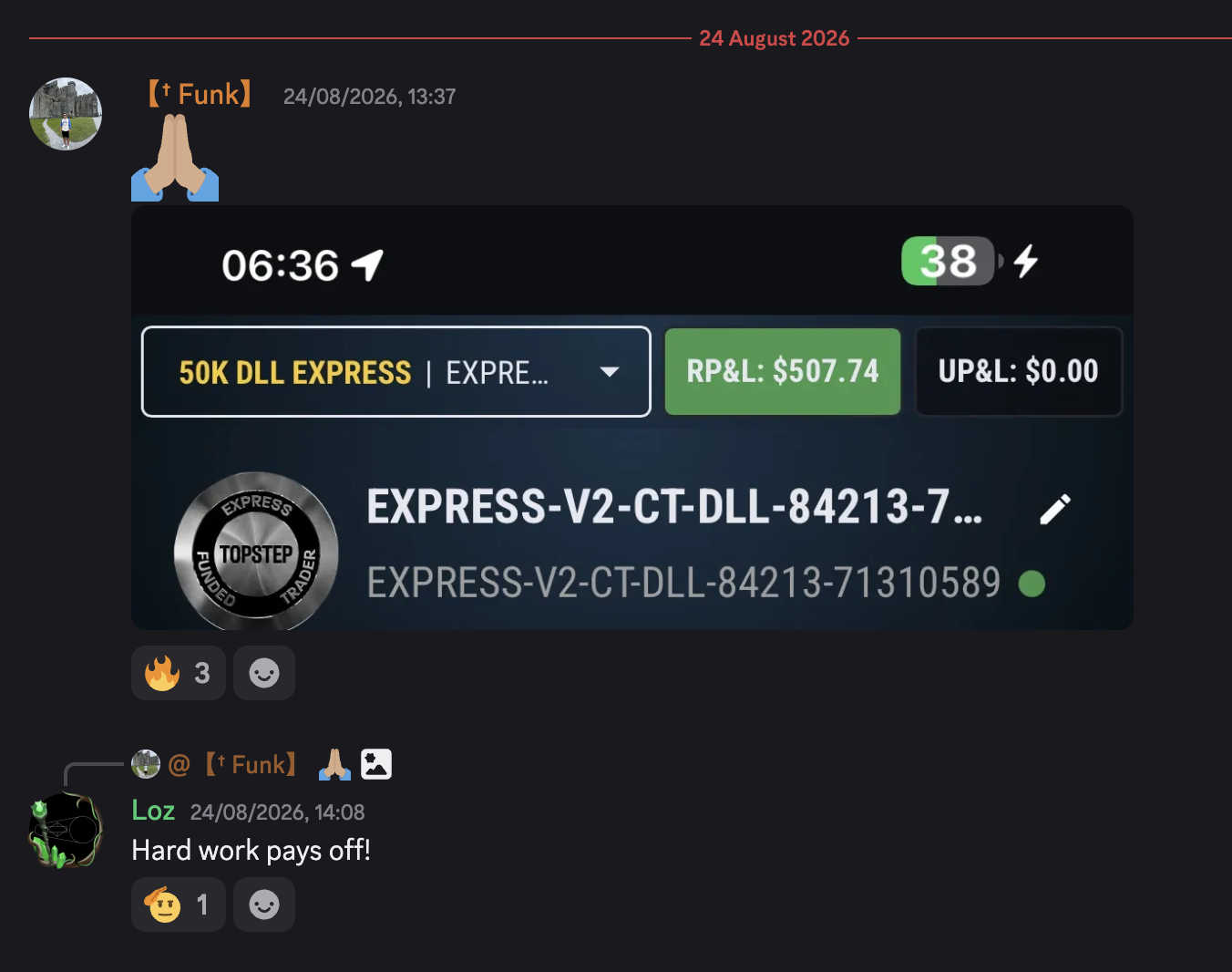 Member TopStep express account showing 507 USD realised profit