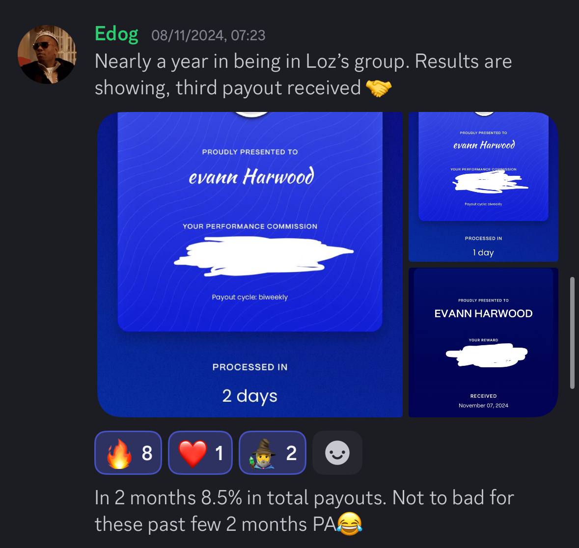 Member receiving their third payout in Loz's group