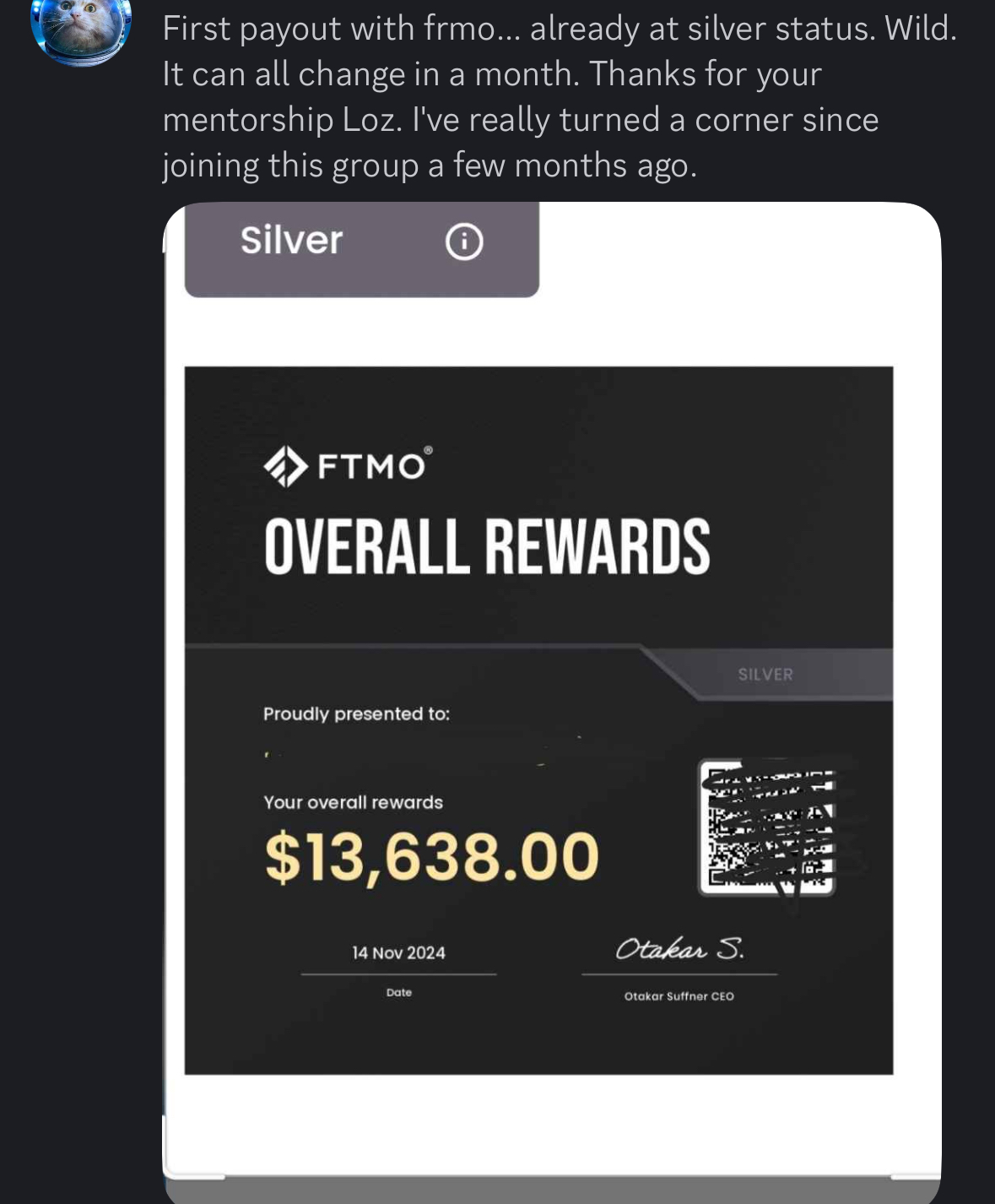 Member first FTMO payout with 13,638 USD overall rewards